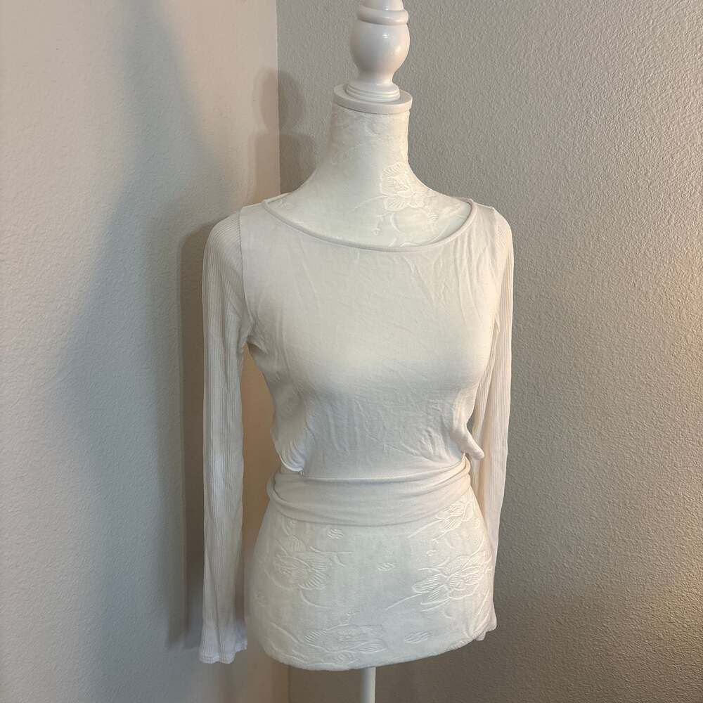 Alo. Cover Long Sleeve Top White Wrapped Front Cropped Ribbed Long Sleeve Top